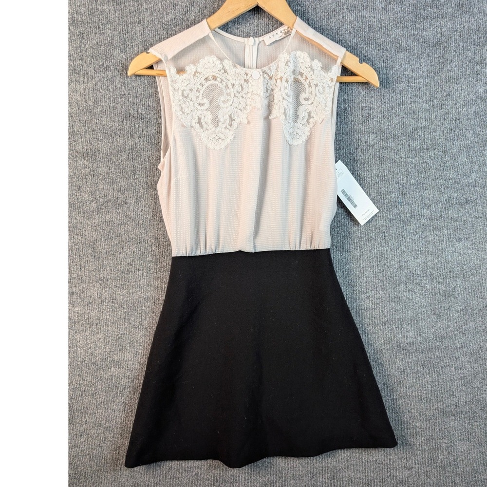 Sandro Paris Pink Black Lace Applique Mesh Mini Dress Size 0 Sleeveless A-Line